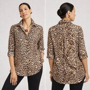 Chico’s No Iron Leopard Print Tunic Button Down Blouse Size S / 0 Animal Print
